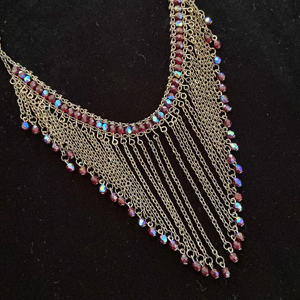 Vintage Iridescent red crystal gun metal chain fringed necklace